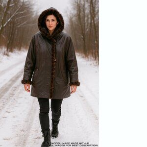 VTG Marvin Richards Leather Overcoat XL Fur Trim Oversized Hooded Butter Soft